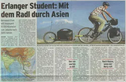 Zeitungsausschnitt: Abendzeitung Nürnberg, 2.2.2004: Erlanger Student: Mit dem Radl durch Asien