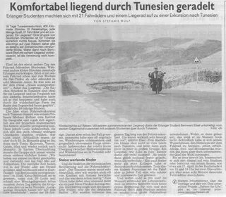 Zeitungsausschnitt: Erlanger Nachrichten, 7.4.2005: Komfortabel liegend durch Tunesien geradelt