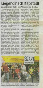 Zeitungsausschnitt: Sonntagsblitz Nürnberg, 5.8.2007: Liegend nach Kapstadt
