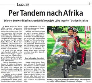 Zeitungsausschnitt: Böhme-Zeitung Soltau, 14.8.2007: Per Tandem nach Afrika