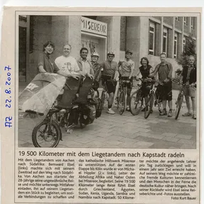 Zeitungsausschnitt: Aachener Zeitung, 22.8.2007: Mit dem Tandem 19.500 Kilometer von Aachen bis Kapstadt