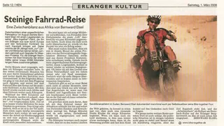 Zeitungsausschnitt: Erlanger Nachrichten, 1.3.2008: Steinige Fahrrad-Reise